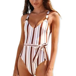 NWT CUPSHE Striped Cross Back Belted One Piece